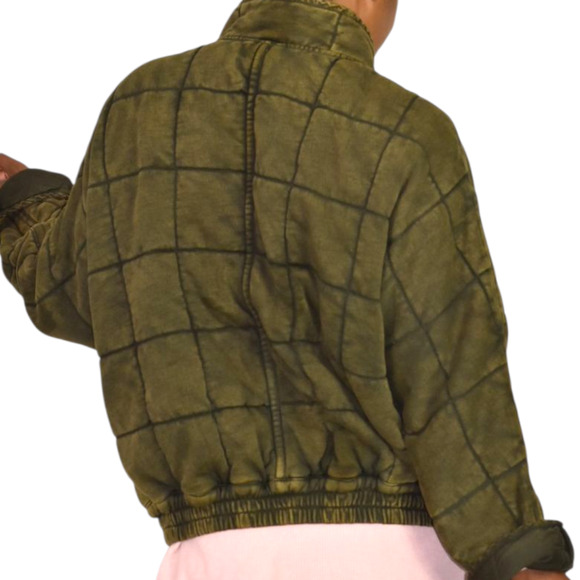 Free People Dolman Quilted Knit Jacket Green Olive Bomber Oversizes Cotton XS - Picture 14 of 16